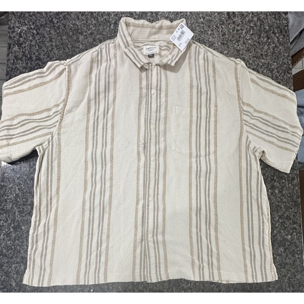 American Eagle Shirt Mens XXL  beige Poolside Striped ButtonUp Camp Collar